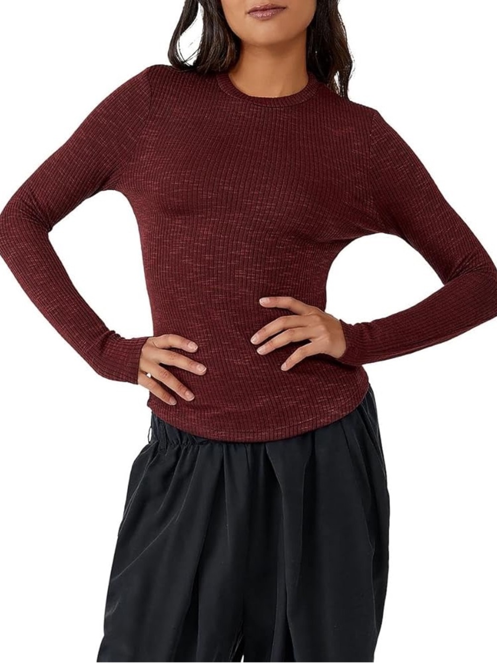 Free People Aura Long Sleeve Layering Ribbed Crewneck Top in Deep Wine XS